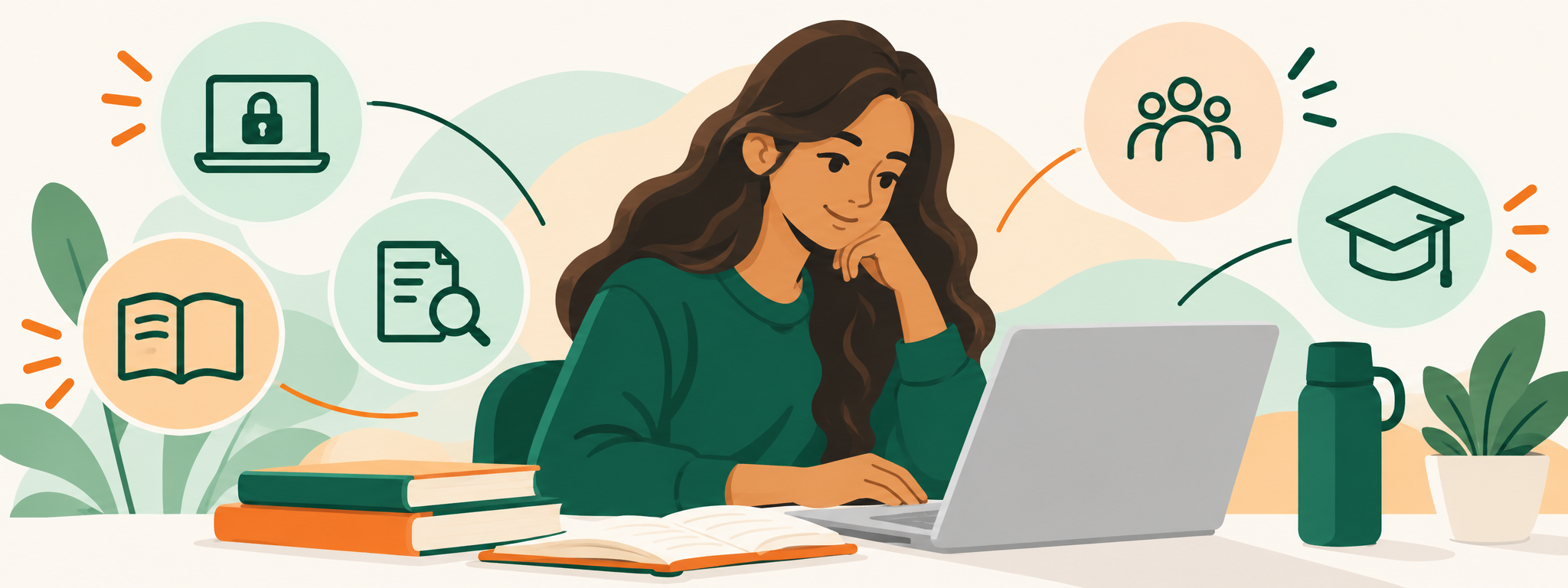Illustration of a student working on a laptop, surrounded by icons representing secure testing, academic resources, document review, collaboration, and academic achievement. Green and orange accents reinforce the theme of academic integrity and student success.