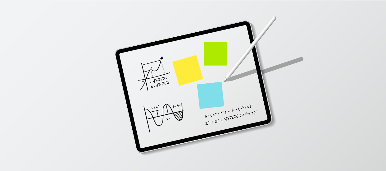 tablet with post-it notes and graph calculations