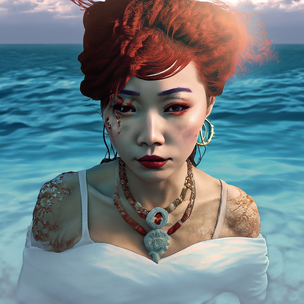 woman rising out of the ocean with red hair