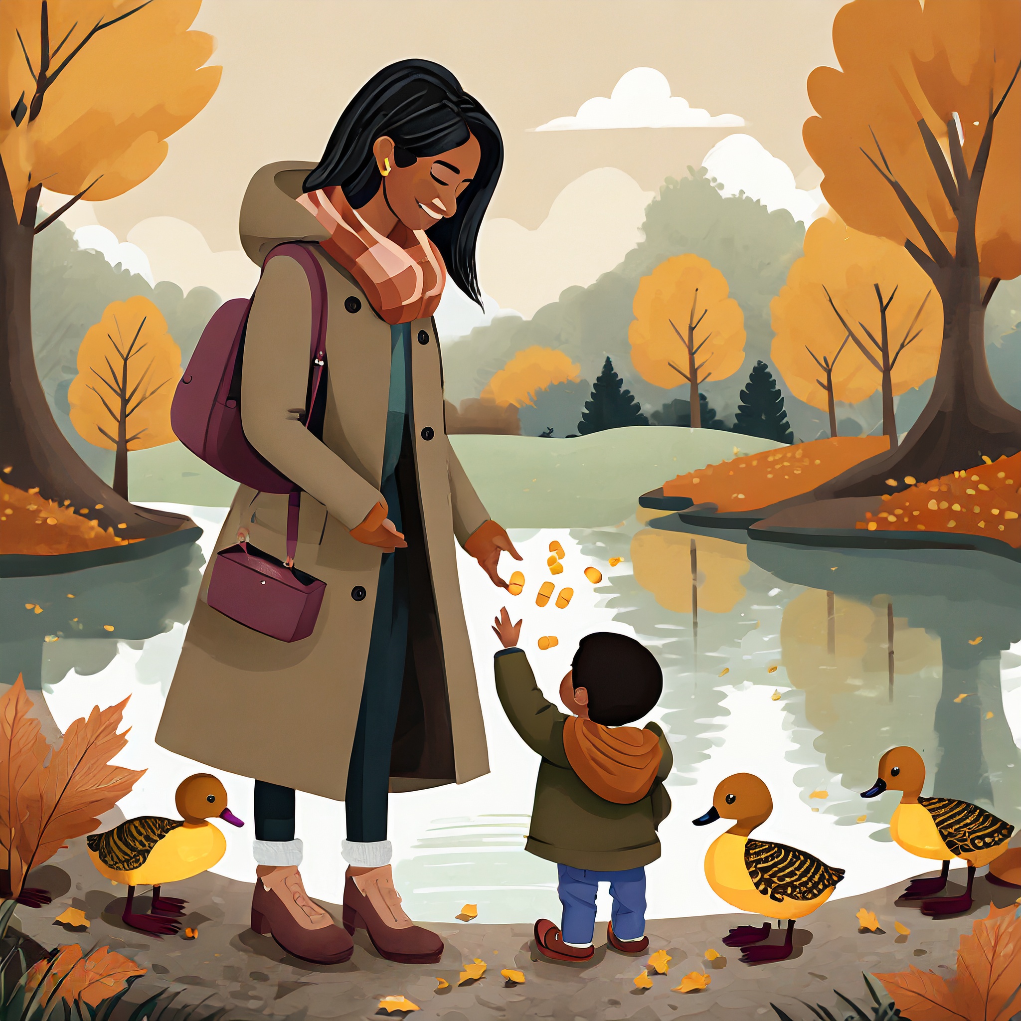 woman walking with small child in a park feeding ducks